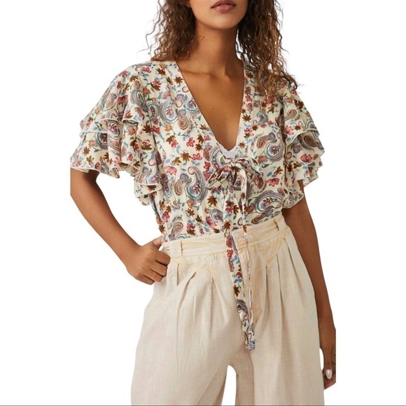 NWT Free People Call Me Later Print Tie Neck Bodysuit in sweet combo - Picture 1 of 4
